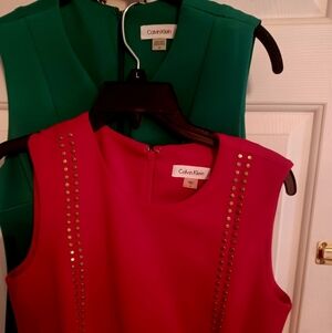 Two Calvin Klein Red and Green Studded Dresses Worn Once